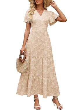 Women's Beige Short Flutter Sleeve V Neck Boho Floral Imported Maxi Dress